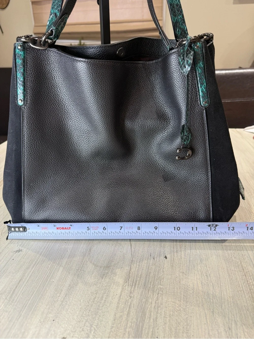 Coach Dalton 31 Black Shoulder Bag with Teal Snake-Print Strap and Suede